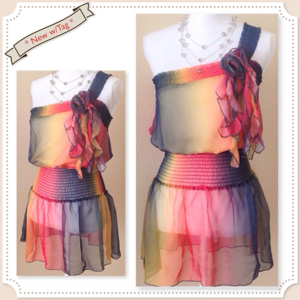 🆕 Rainbow Ombré Peplum 1 Shoulder Tunic Top NWT